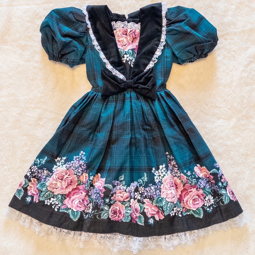 Handmade Floral Plaid Kids Dress
